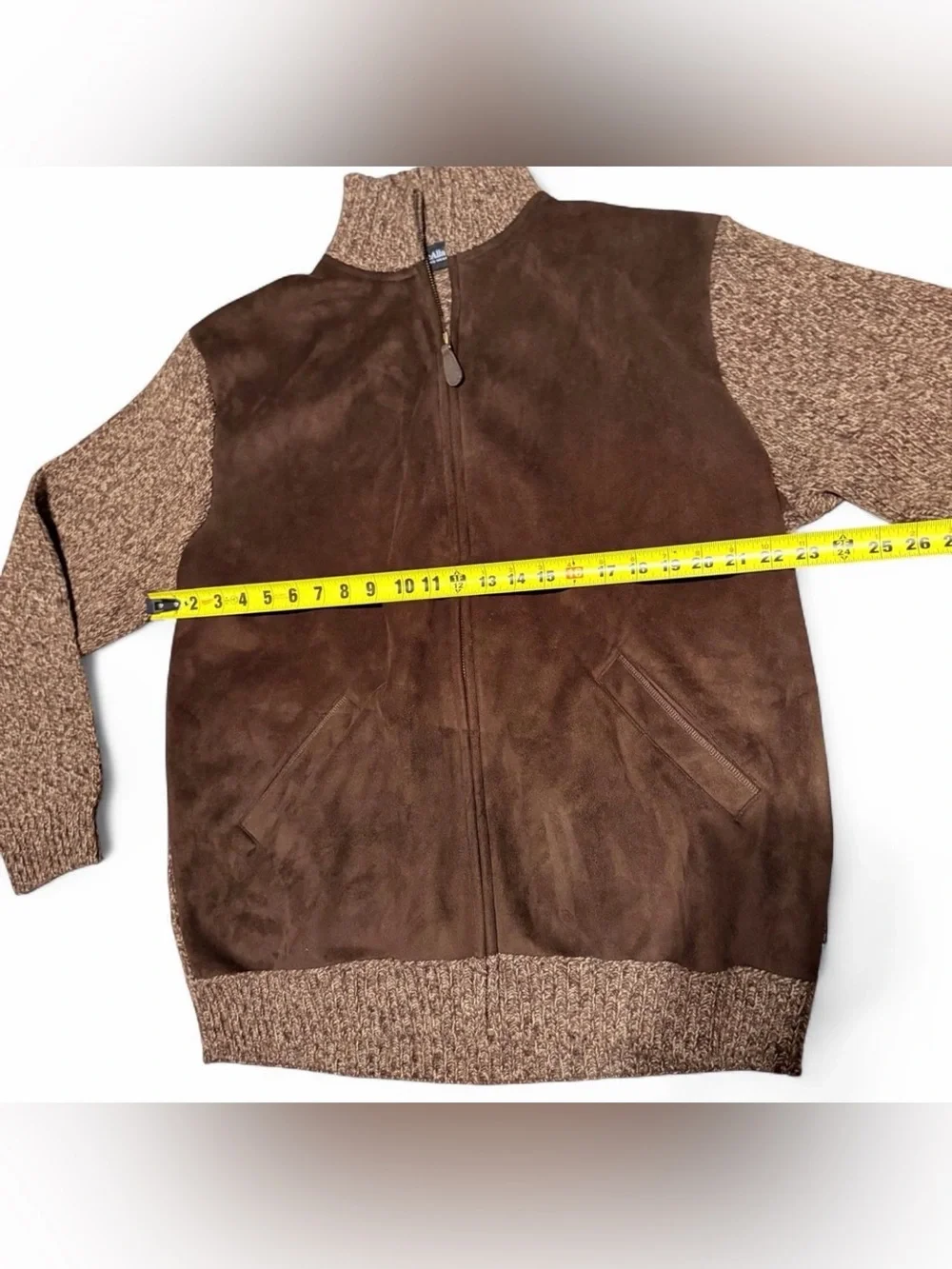 Men's Brown Suede Front Knit-Trim Zip Jacket